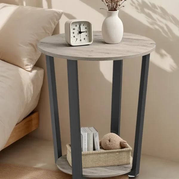 HETTHI End Table, Round Side Table with Storage Shelf, Easy Assembly, Industrial Accent Furniture with Steel Frame, Heather Greige