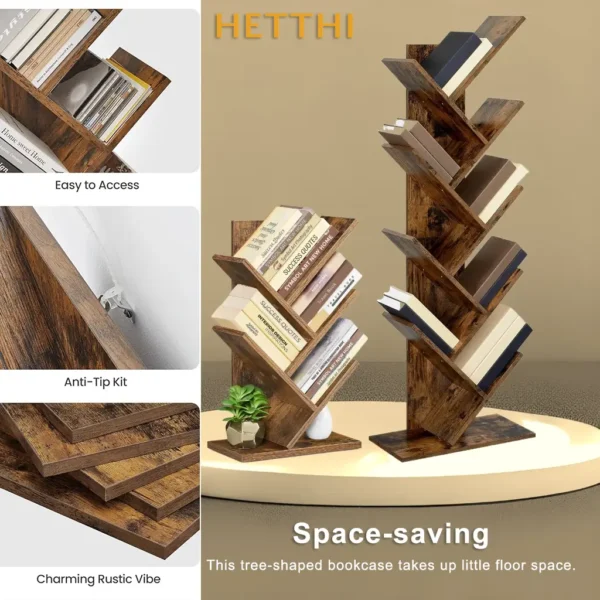 HETTHI Tree Bookshelf, 5-Tier Bookcase, Small Bookshelf, Space-Saving Corner Shelf, Book Tree, Holds Books, CDs, Games, for Bedroom, Living Room, Home Office