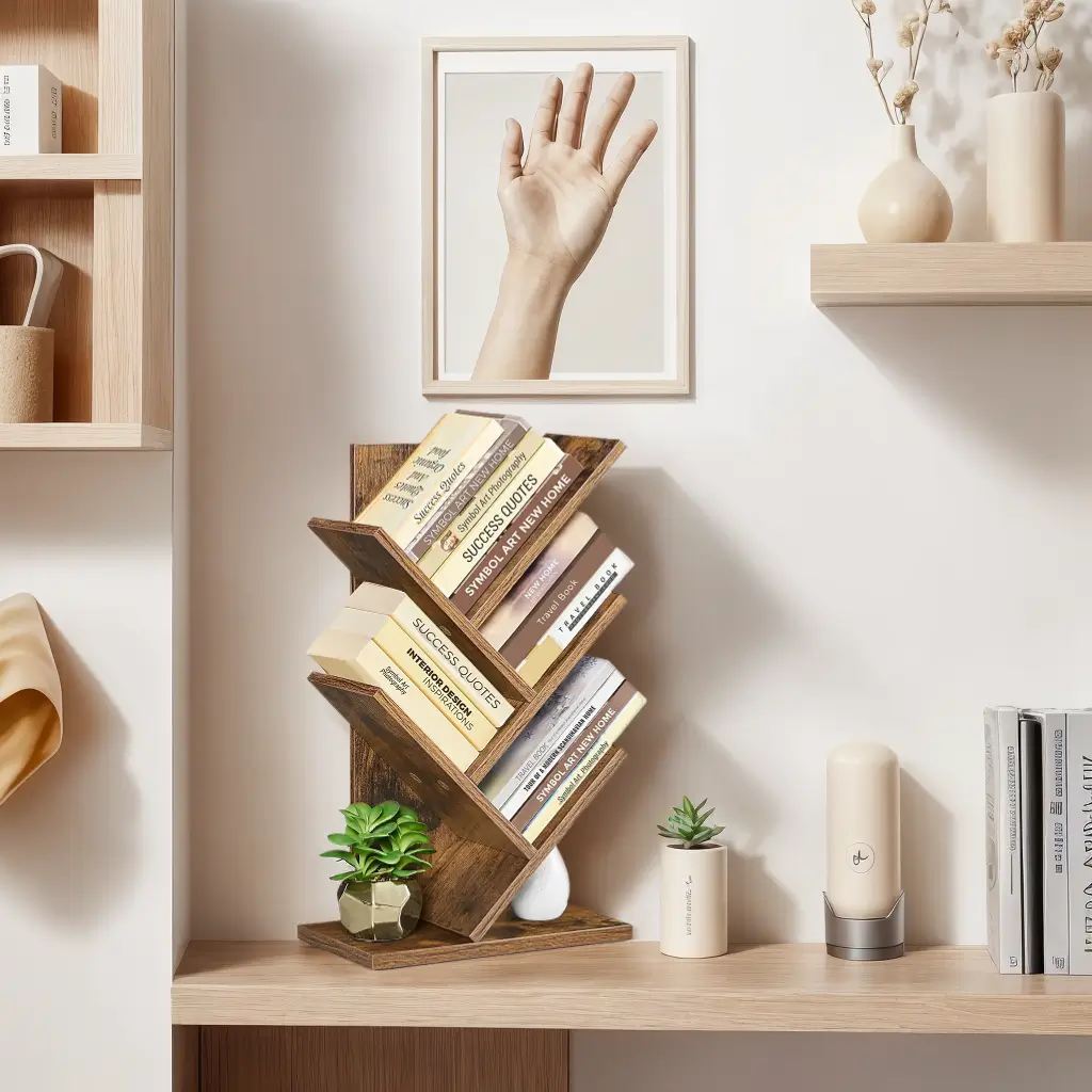 HETTHI Tree Bookshelf, 5-Tier Bookcase, Small Bookshelf, Space-Saving Corner Shelf, Book Tree, Holds Books, CDs, Games, for Bedroom, Living Room, Home Office