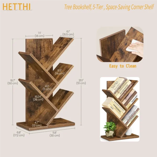 HETTHI Tree Bookshelf, 5-Tier Bookcase, Small Bookshelf, Space-Saving Corner Shelf, Book Tree, Holds Books, CDs, Games, for Bedroom, Living Room, Home Office
