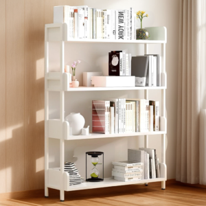 HETTHI Wide Open Shelf Bookcase – Modern 4-Tier Free Standing Display Bookshelf with Three-Side Panels and Metal Frame for Home and Office, Storage Shelving, Warm White