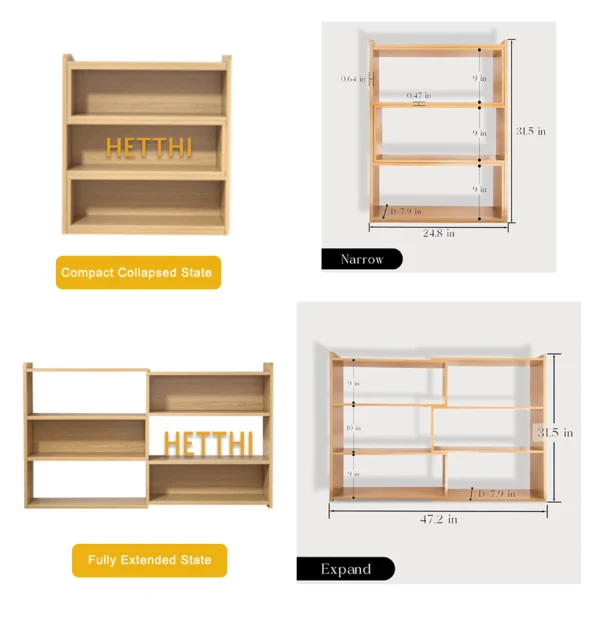 HETTHI 4-Tier Wooden Bookshelf, Expandable 25-47 inch Wide Bookcase, Modern Freestanding Bookcas for Small Space or Corner (Natural)