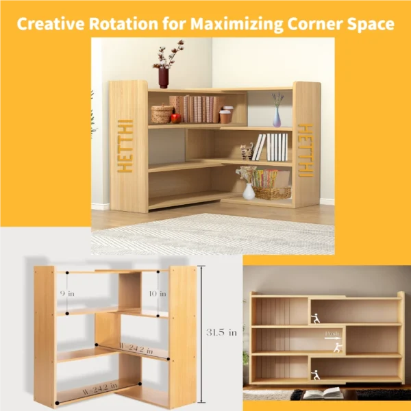 HETTHI 4-Tier Wooden Bookshelf, Expandable 25-47 inch Wide Bookcase, Modern Freestanding Bookcas for Small Space or Corner (Natural)